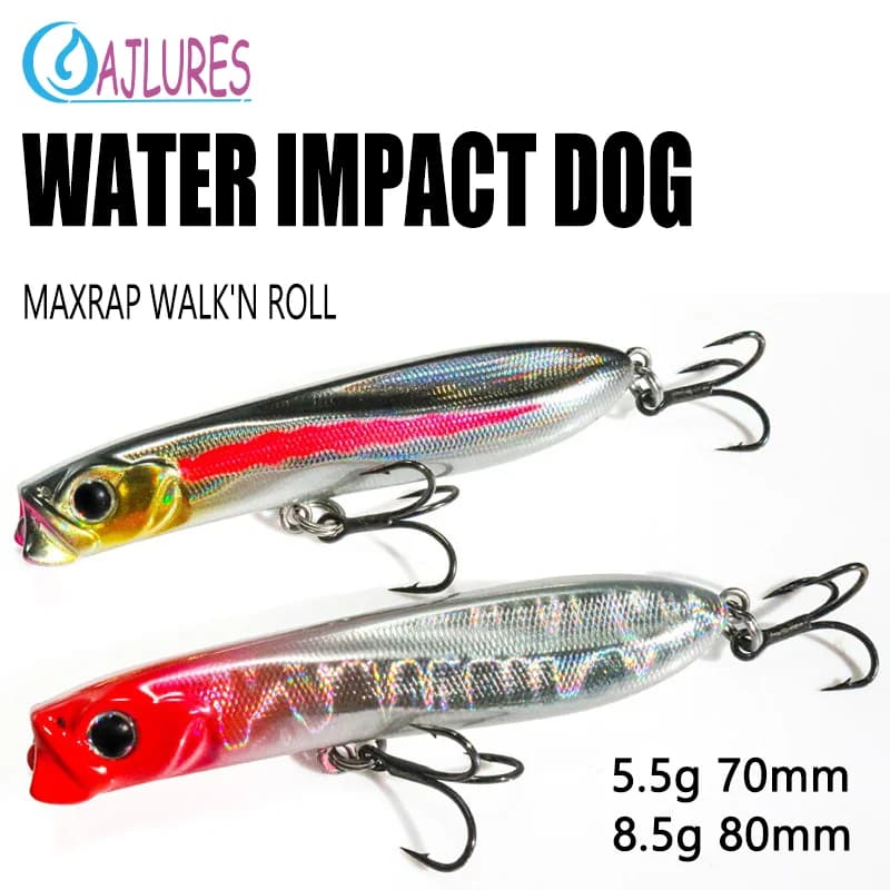 1/2 pezzi Topwater matita richiamo di pesca 5.5g 70mm 8.5g 80mm Popper WALK'N ROLL impatto d'acqua cane esca dura artificiale