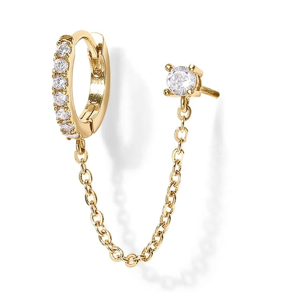 1pc 14K Gold Chain Earring for Women | Double Piercing Dangle Chain Huggie Hoop Earrings | Cubic Zirconia Stud Ear Cuff Earrings