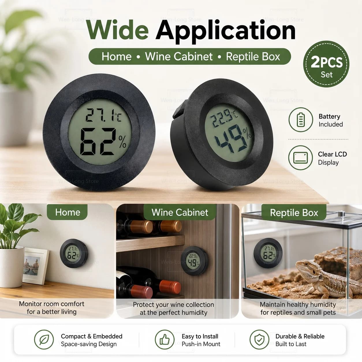 Set of 4 Mini Hygrometers and Digital LCD Thermometers, Humidity Meter and Interior Temperature, Round, with Fahrenheit or Celsius Display