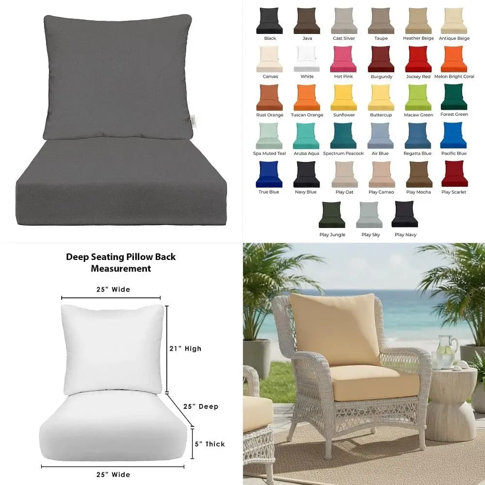 Sunbrella Deep Seating Cushion with Pillow Back 25 x 25 x 5 Seat Water amp FadeResistant Outdoor Chair Cushion Set for Patio Fu