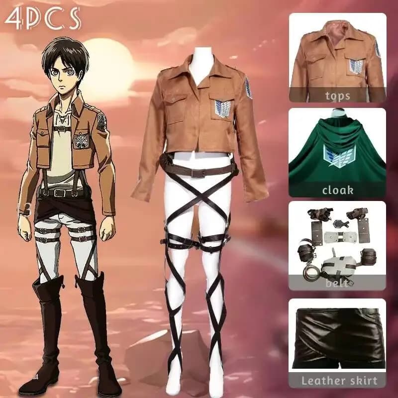 Costume Cosplay Anime Attack On Titan Shingeki No Kyojin, Giacca, Gonna in Pelle, Cinture Hookshot, Bretelle, Costume Ackerman