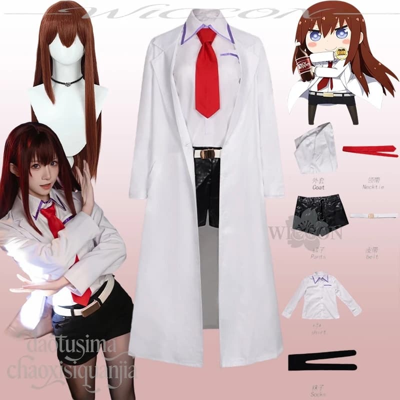 Costume Cosplay Makise Kurisu Steins Gate, Long White Coat, T-shirt, Sexy Short Belt, Socks, Halloween and Christmas Party Wigs