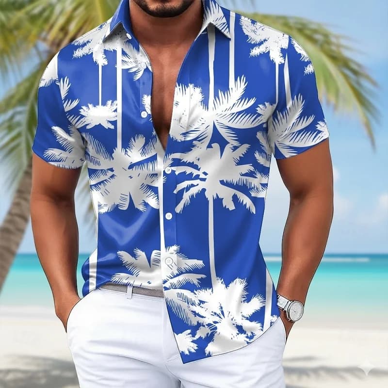 Camicia hawaiana da uomo con motivo a foglie di cocco, stampa 3D, maniche corte, estiva, da spiaggia, surf, Aloha.