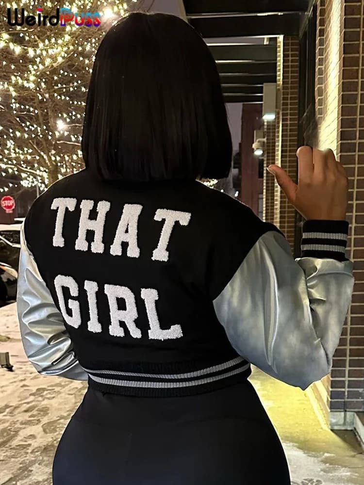 Weird Puss Fluffy Letter Giacca corta Varsity Donna Hipster Manica in pelle Patchwork Y2K Baseball Casual Wild Streetcoat Outwear