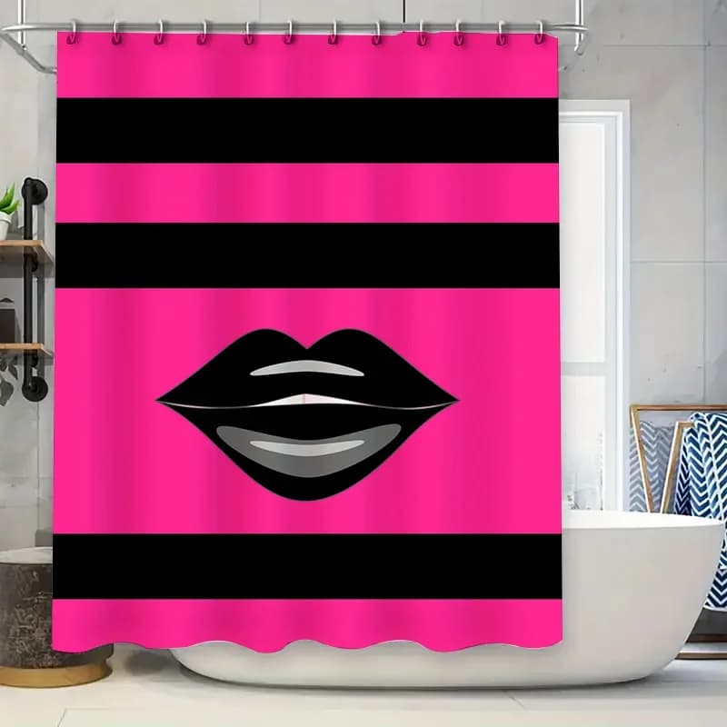 Tenda da doccia a righe nere rosa brillante con design a labbra per l'arredamento del bagno Fodera da bagno impermeabile