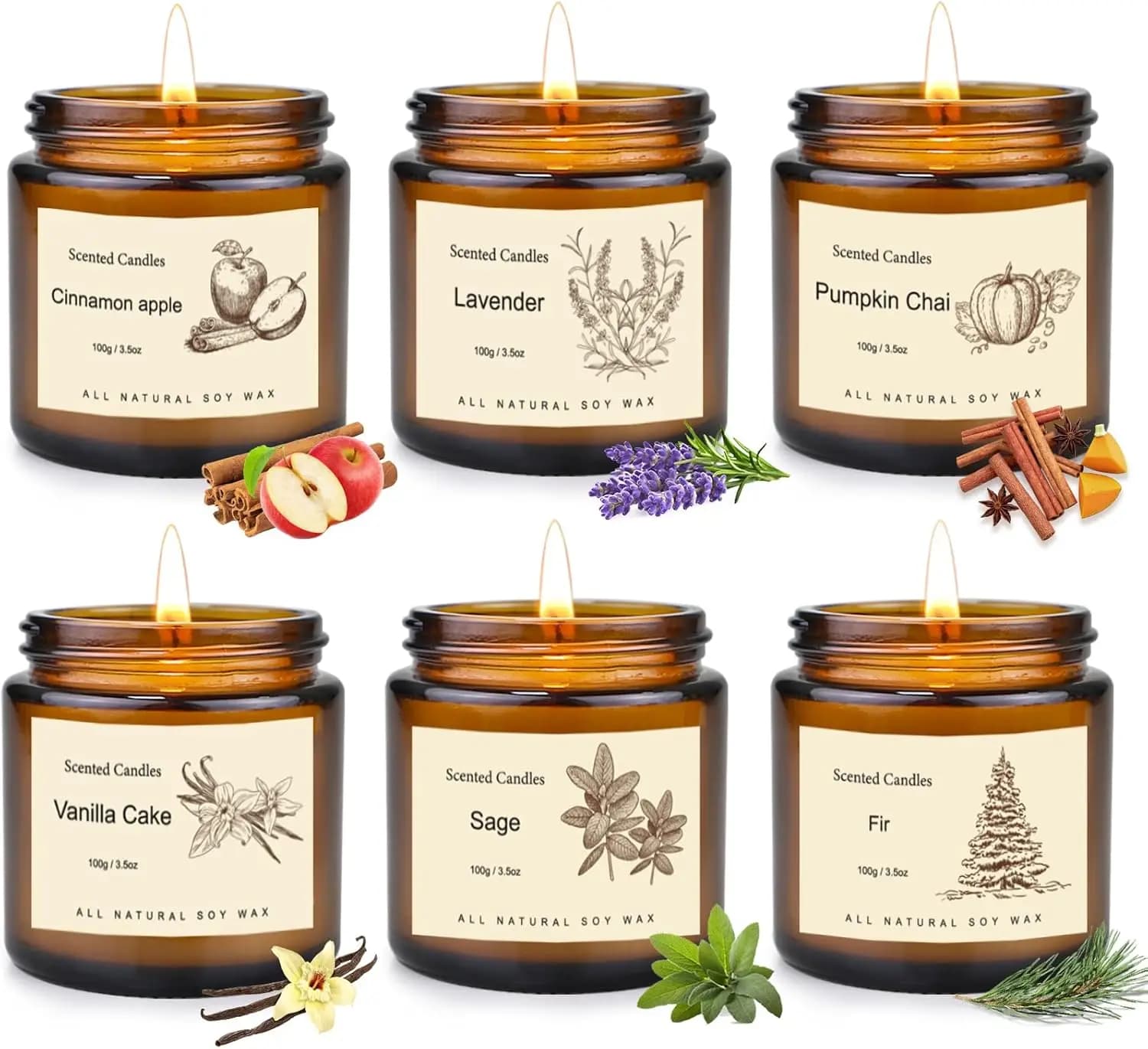 Set of 6 Perfume Candles in Soy, Long-Term Festive Gifts with Cinnamon and Apple, Pumpkin and Chai, and Vanilla