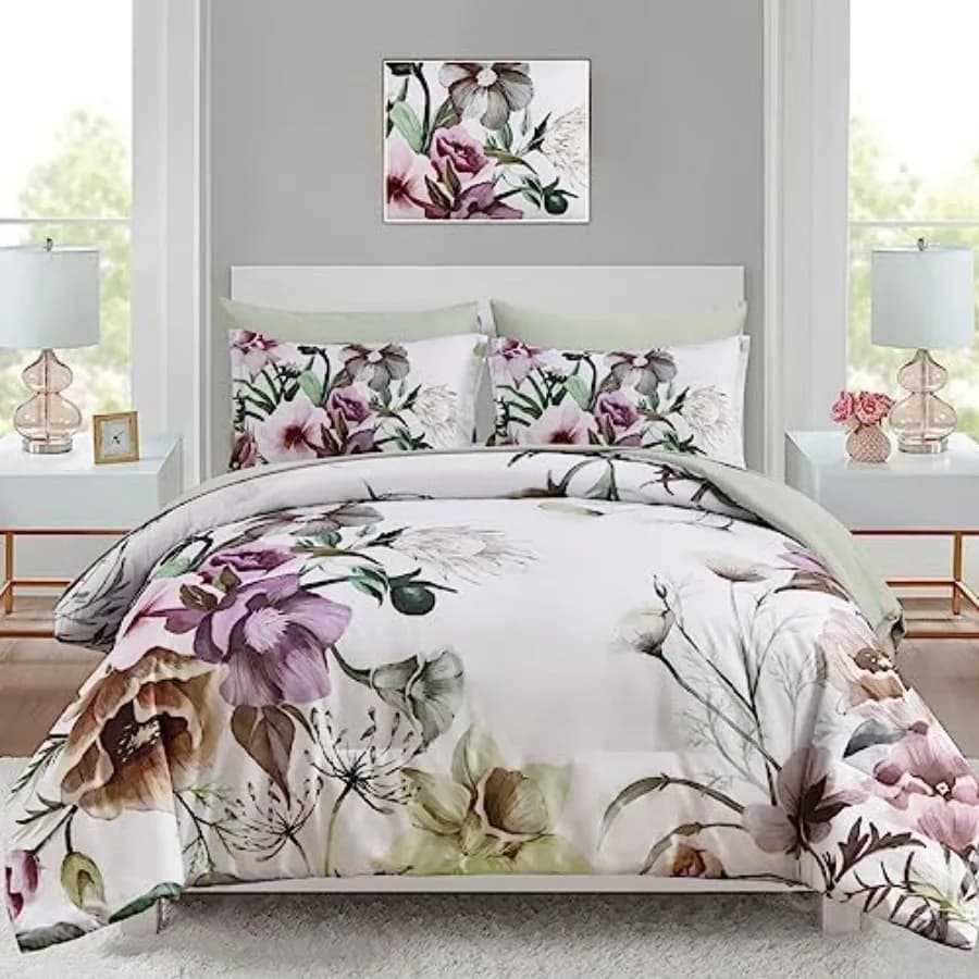 Floral Comforter Set 7 Pcs Flower Bed in a Bag Elegant Floral Comforter with Sheet Set Soft Microfiber Bedding Set for All Seas
