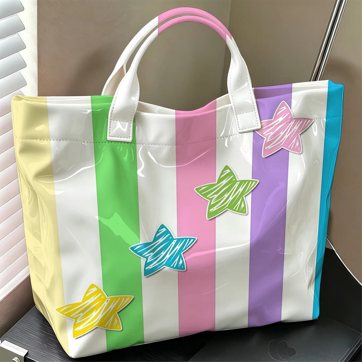 Color Star Stripe Stylish Large Glossy PVC Tote Bag Washable Waterproof Durable Ideal for Travel Commute Cosmetics Books Handbag