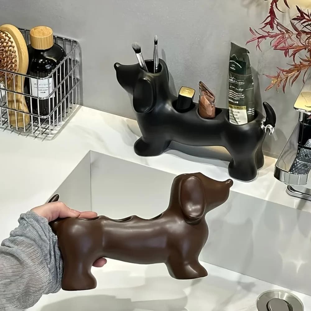Portaspazzolino in Ceramica a Forma di Bassotto con 4 Scomparti, Porta Dentifricio per Arredo Bagno e Top Lavabo