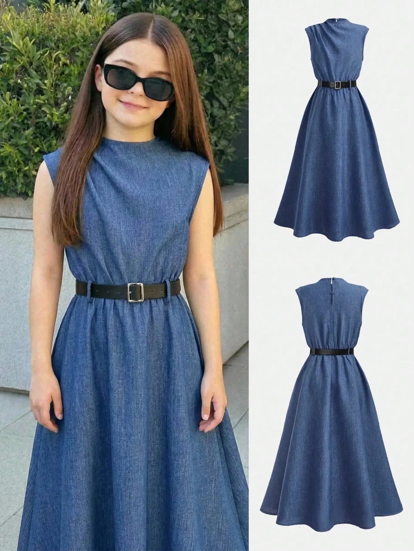Abito midi blu navy senza maniche con cintura per donna