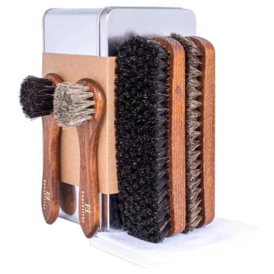 Set Essenziale di Spazzole per Lucidatura Scarpe in Crine di Cavallo, Kit per la Cura delle Calzature con Spazzole e Panni per Lucidare Calzature in Pelle