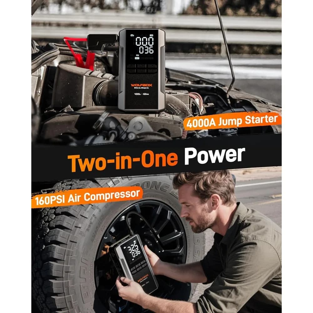 Avviatore di emergenza da 4000 A con compressore d'aria da 160 PSI, booster batteria per auto da 12 V, ricarica rapida da 65 W