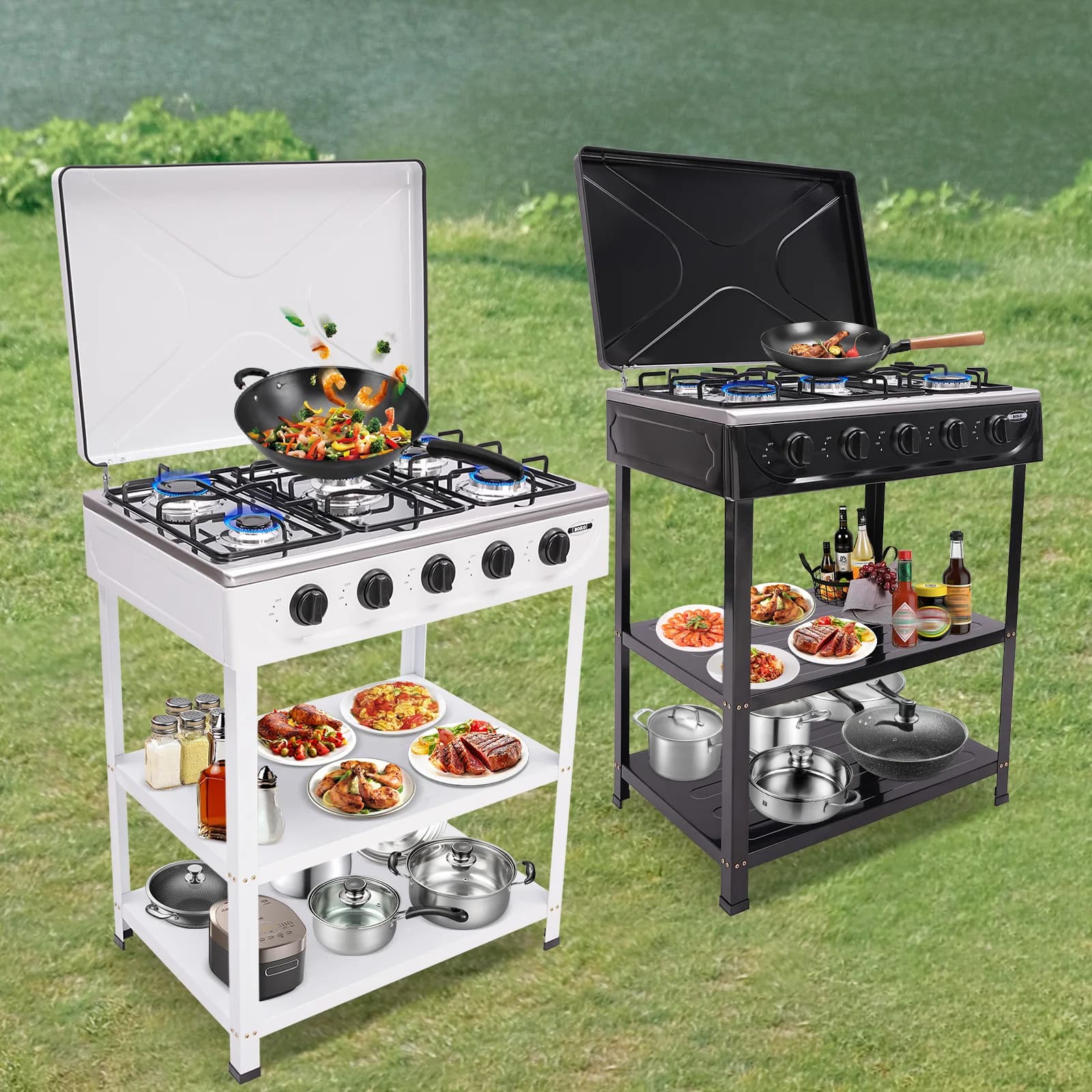 5 fire gas cooker: 2.5 kW each, compatible with NG/GPL, with anti-slip feet Manual ignition, for camping, kitchen and outdoor kitchen