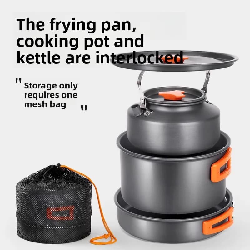 Complete Set of Pots and Tools for Camping, Kettle & Kits Portable Butano cooker for Essential Kitchen Open