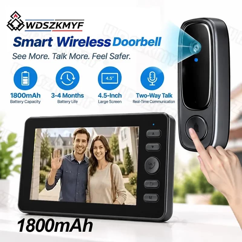 Video Doorbell with 4.5" Screen 1080P Camera Two-Way Intercom 1800mAh Bluetooth Night Vision Wireless doorbell for House Office