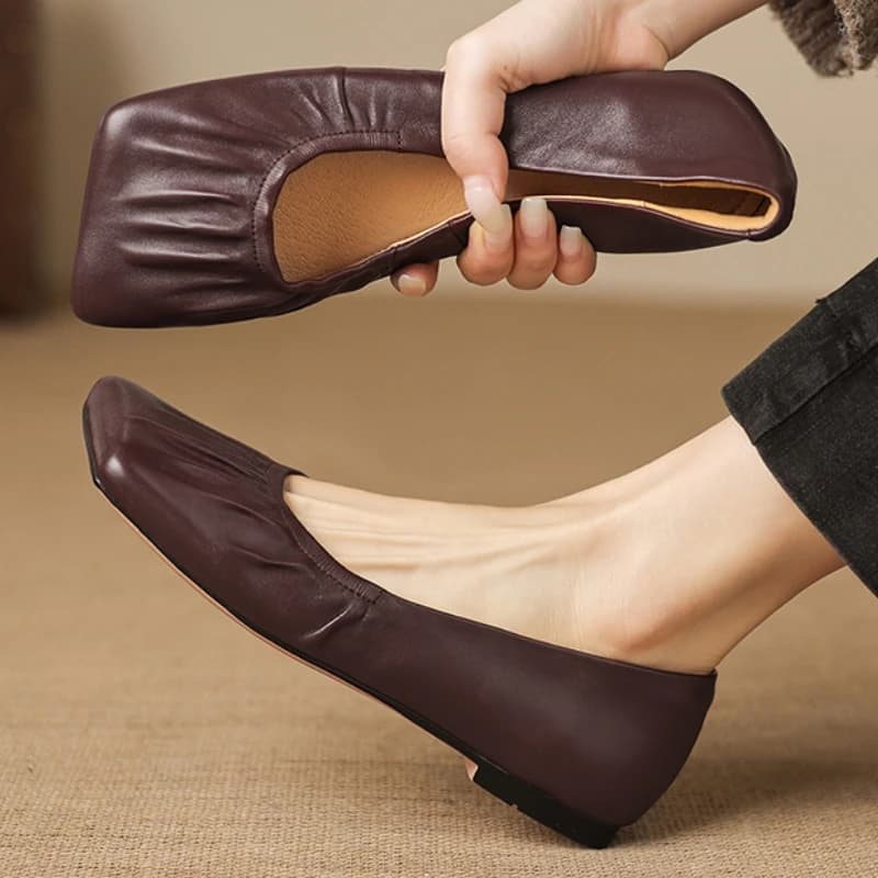2026 Spring Shallow Square Toe Loafers Women Shoes Genuine Leather Boat Shoes Fashion Concise Ballet Flats Women Flat Comfort