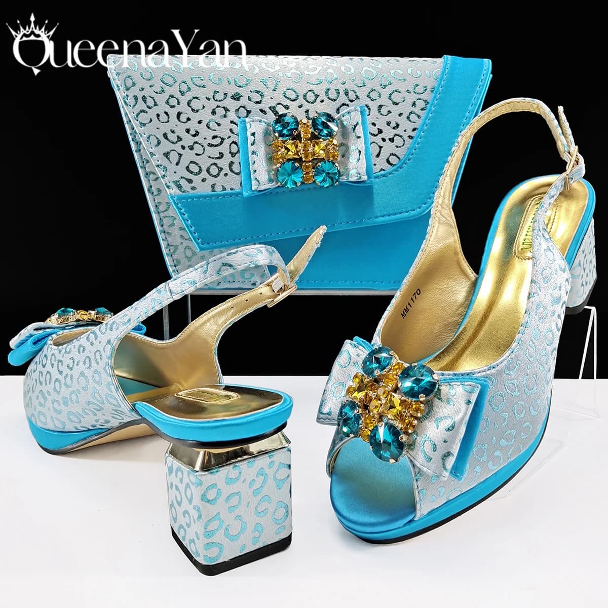 Queena Yan Set of elegant shoes and bags with Italian blue rhinestones - Women's heels and matching handbag for party