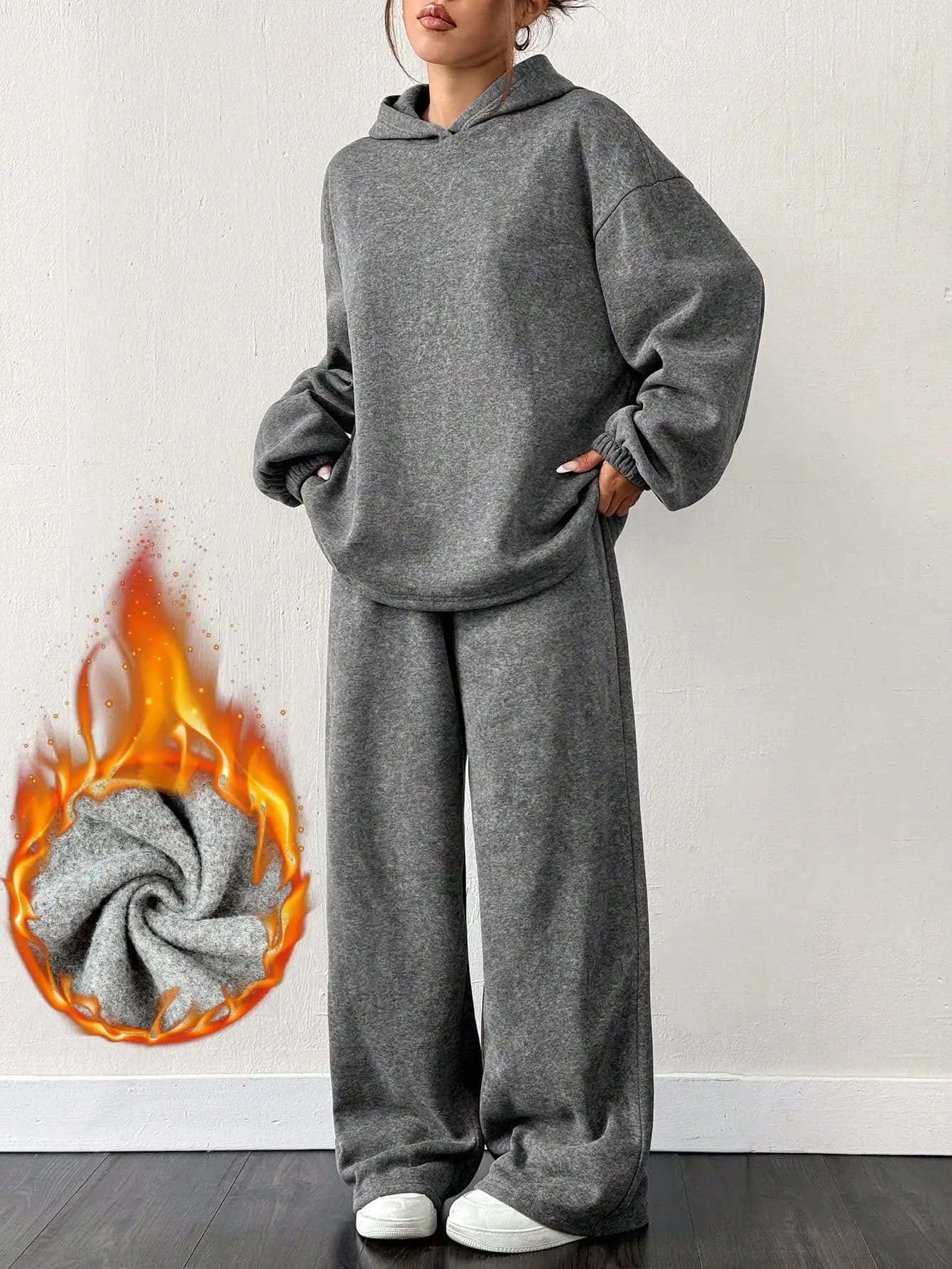Oversize sweatshirt set with Thermal hood and Wide Pants - Grey
