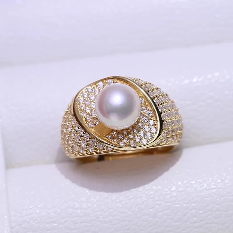 MeiBaPJ Fashion Ring with 8mm Natural Nearround Pearl Silver 925 DIY Support with Wedding Jewelry Frame for Women