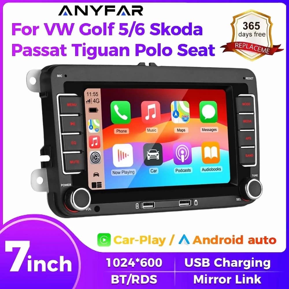 Autoradio 7" 2 Din HD con Video, RDS, Airplay, CarPlay, Android Auto, Stereo Audio per Volkswagen/Seat/Skoda/Passat/Golf/Polo