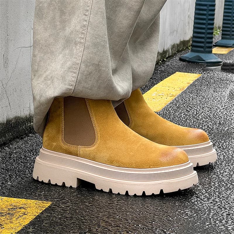 abito da festa punk per il tempo libero da uomo stivali chelsea gialli scarpe in vera pelle stivali alti con plateau da cowboy belli botas alla caviglia uomo