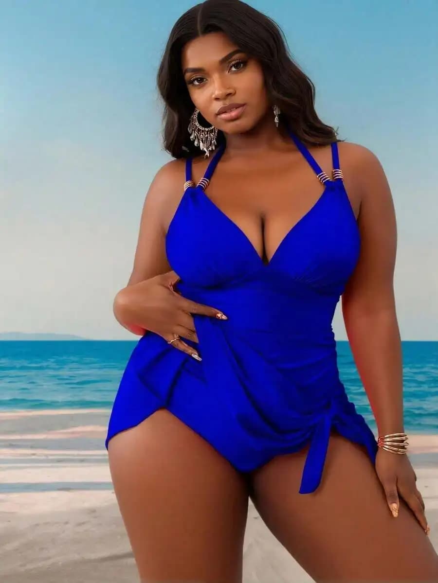 Solid Halter One-Piece Swimsuit Deep V Push-Up Side Strap Tummy Control