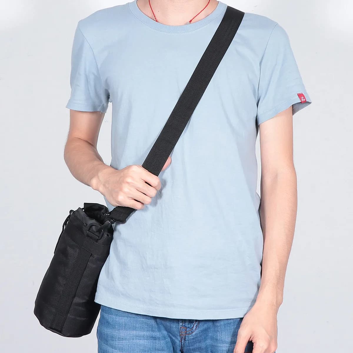 Black Multifunctional Water Bottle Bag Wear Resistant Breathable Crossbody Pouch Adjustable Belt for Outdoor Running Hiking