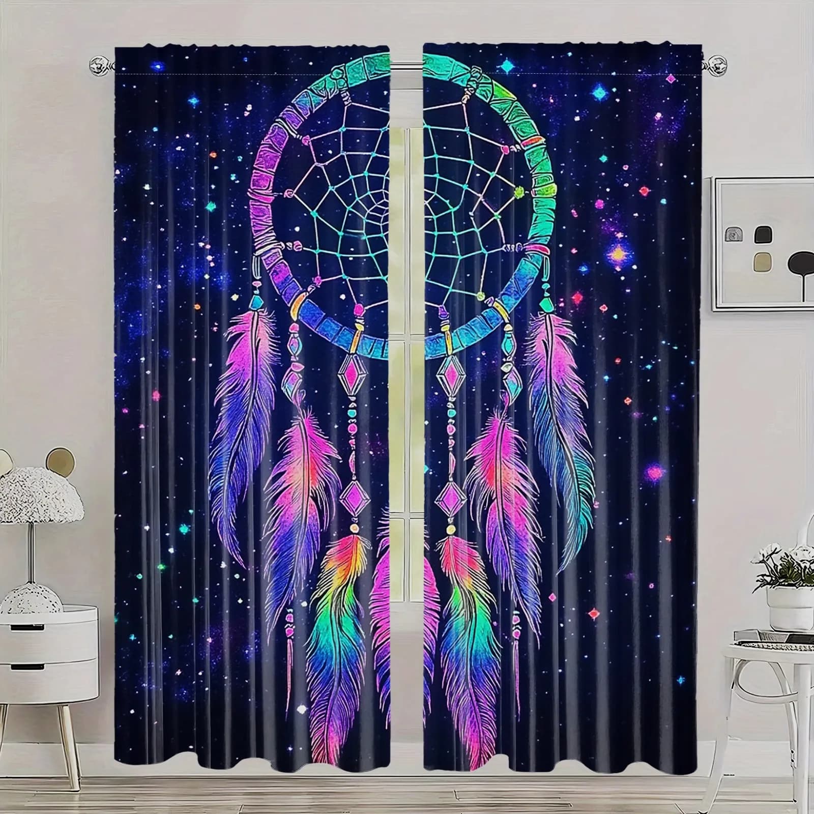 2pcs Classic Style Polyester Dreamcatcher Blackout Curtains, with Grommets, for Bedroom & Living Room