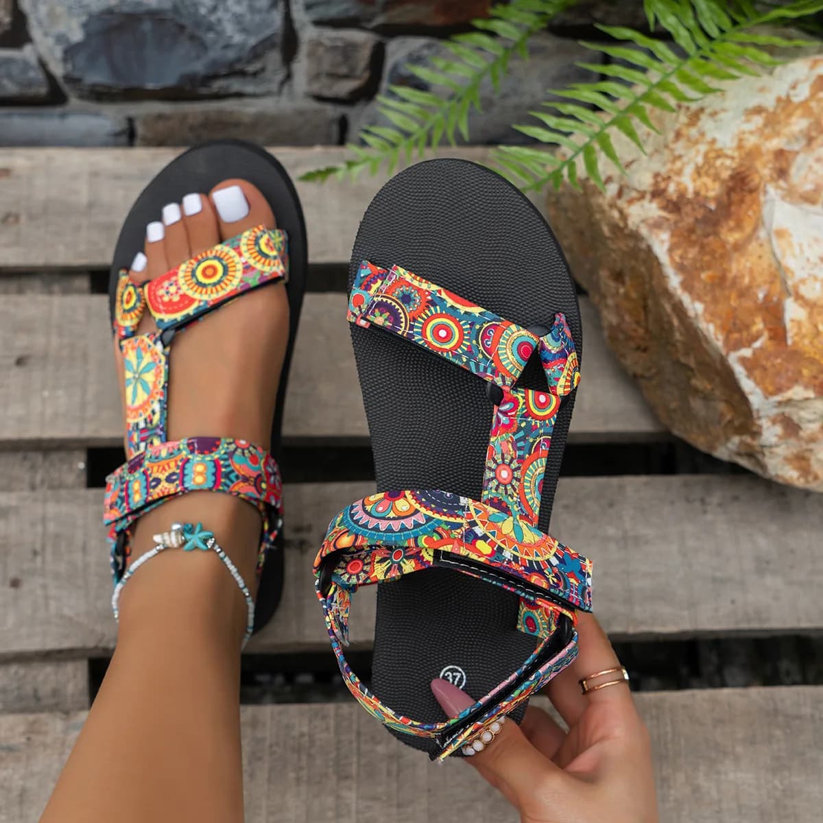 Sandali da donna eleganti con motivo Paisley - Cinturino alla caviglia regolabile, ad asciugatura rapida - Scarpe perfette per le vacanze al mare e per le fughe estive