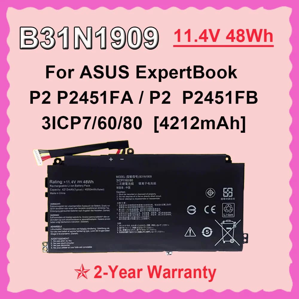 DODOMORN Rechargeable Laptop Battery B31N1909 FOR ASUS ExpertBook P2 P2451FA-EK0009 P2451FB Series 3ICP7/60/80 11.4V 48Wh