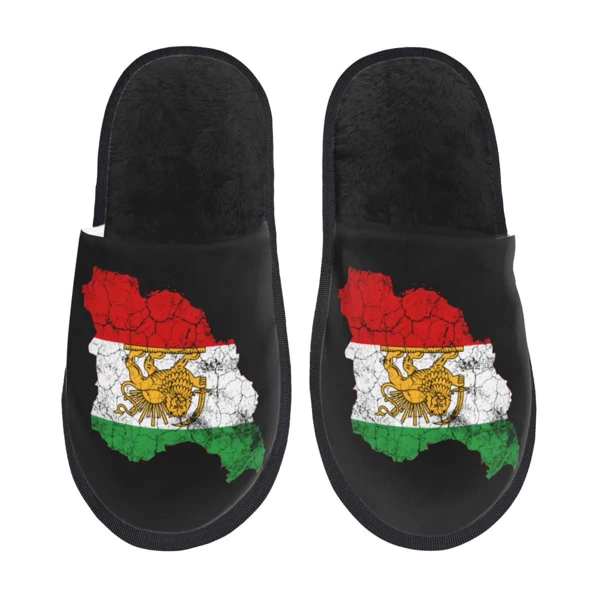 Pantofole da casa in morbida memory foam con mappa personalizzata della bandiera iraniana con simbolo del leone e del sole, da donna, vintage, comode, calde, con suola antiscivolo.