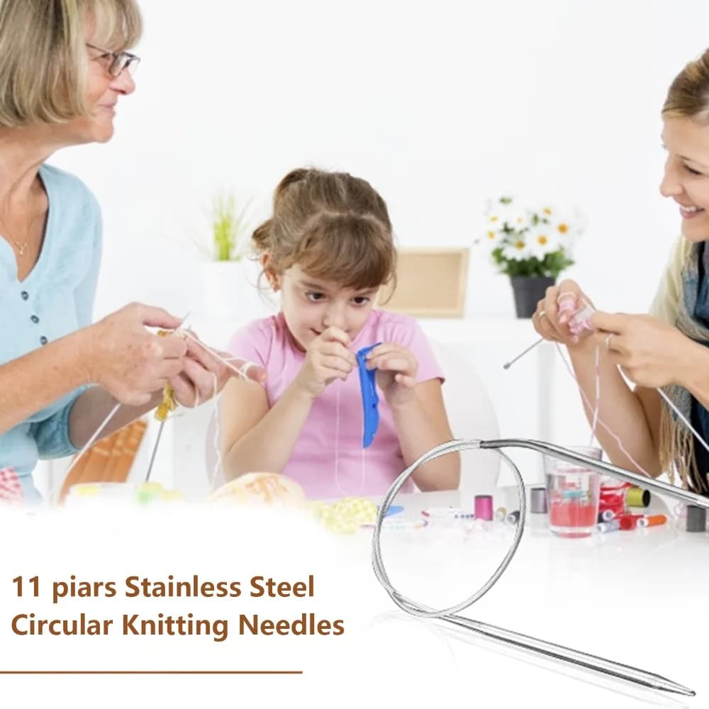 11pcs Stainless Steel Circular Knitting Needles Set 1.5-5mm Magic Loop Interchangeable Knitting Needles Smooth Cords Multi-Size