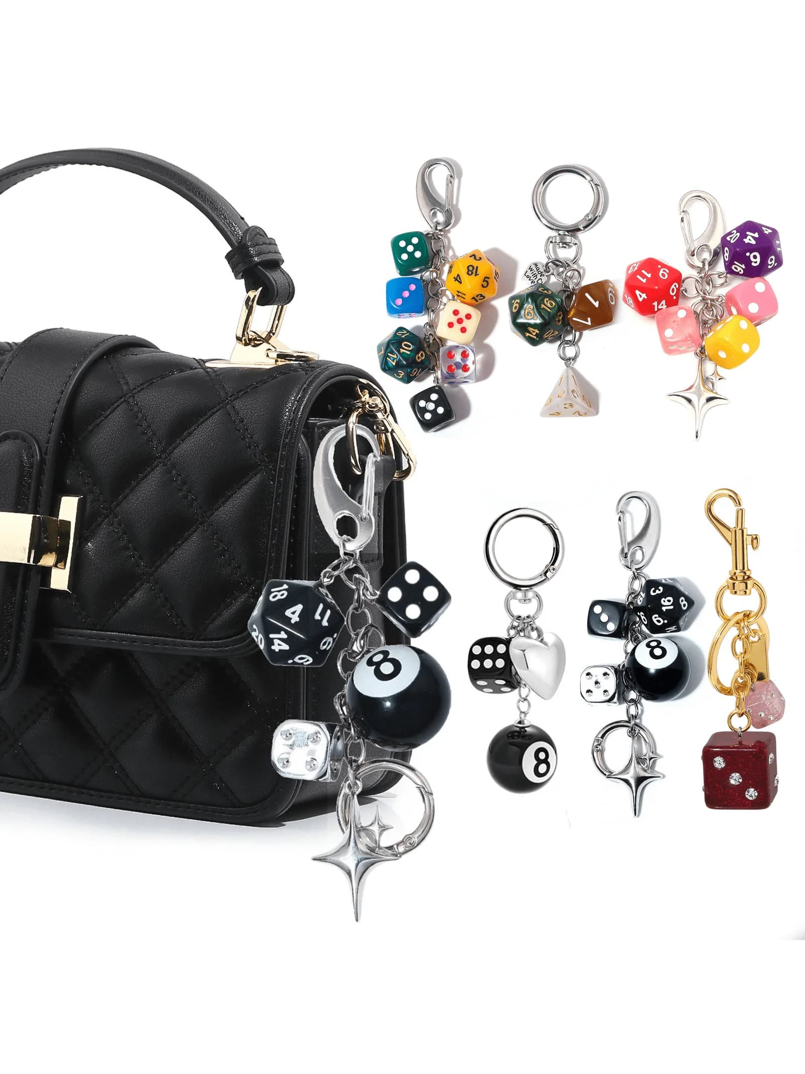 Billiard Keyring with Black Dice Hip Hop Y2K Pink Lucky Dice Starburst Bag Pendant Ideal Gift for Friends Keychain for Men