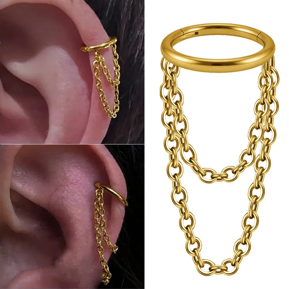 1PC Stainless Steel Cartilage Earrings Smooth Hoop Helix Piercing Silvery/Golden Double Chains Hinged Clicker Body Jewelry 16G
