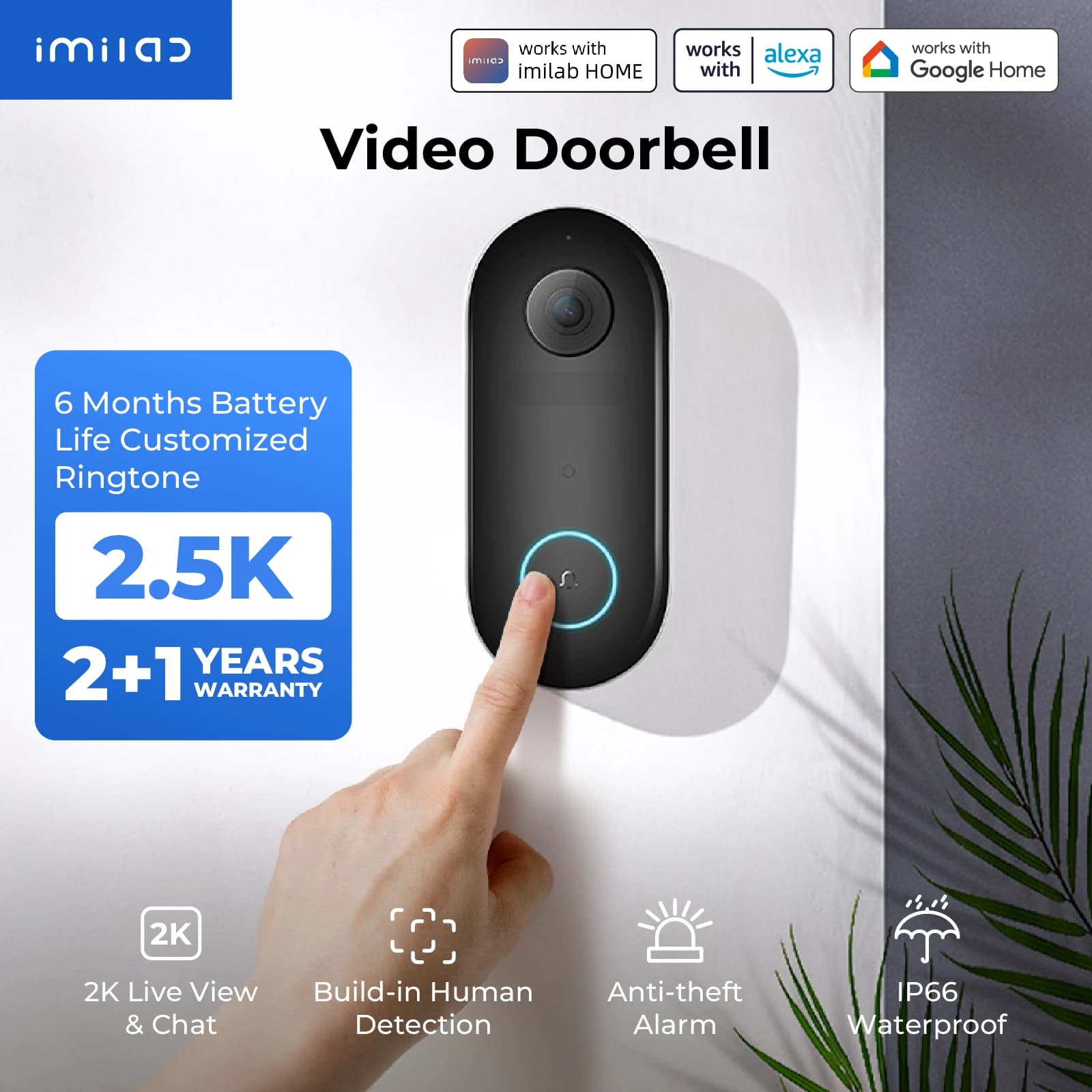 IMILAB Smart Home Video Campanello Telecamera WiFi 2.5K Protezione di sicurezza Rilevamento umano Storag locale Avviso istantaneo 5200mAh
