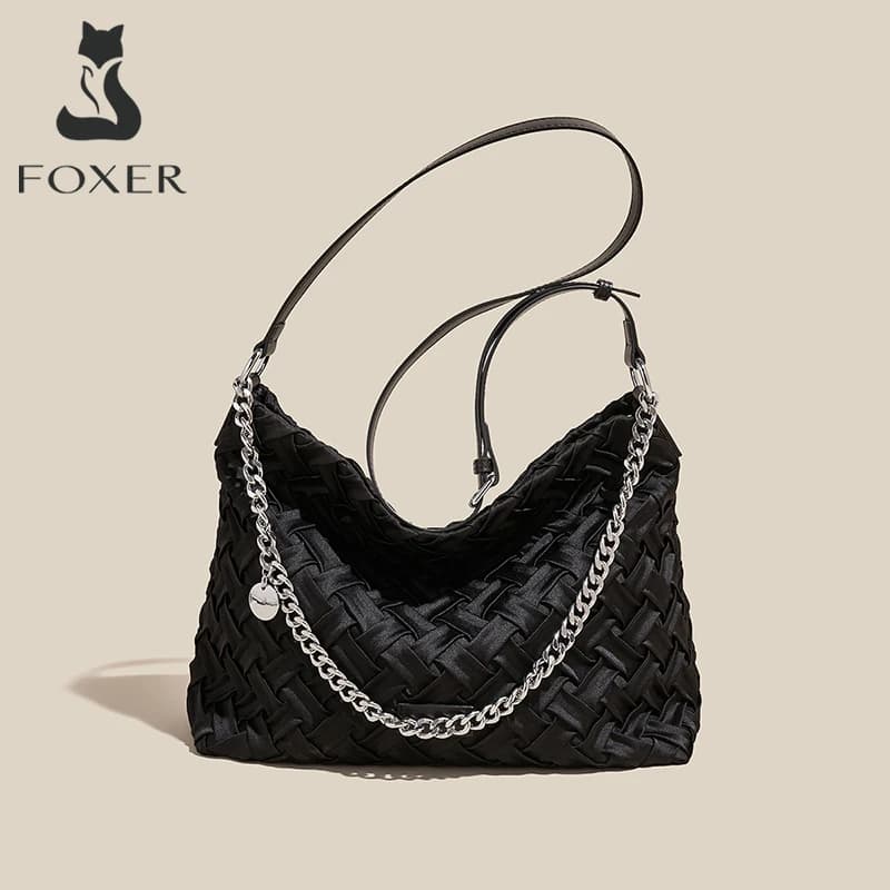FOXER Woven Fabric Hobo Bag Women's Shoulder Bag 2026 New Casual Commute Crossbody Bag Chain Strap Handbag for Ladies