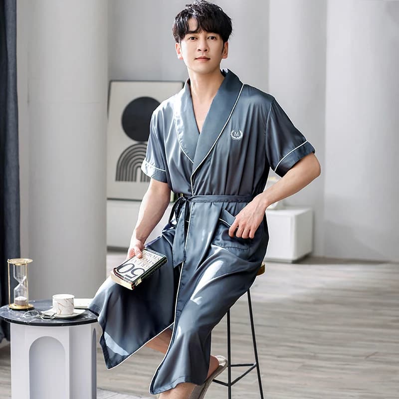 Men's nightdress in summer silk satin simple short sleeves long pyjamas Morning Robe home bathrobe with men's v neckline