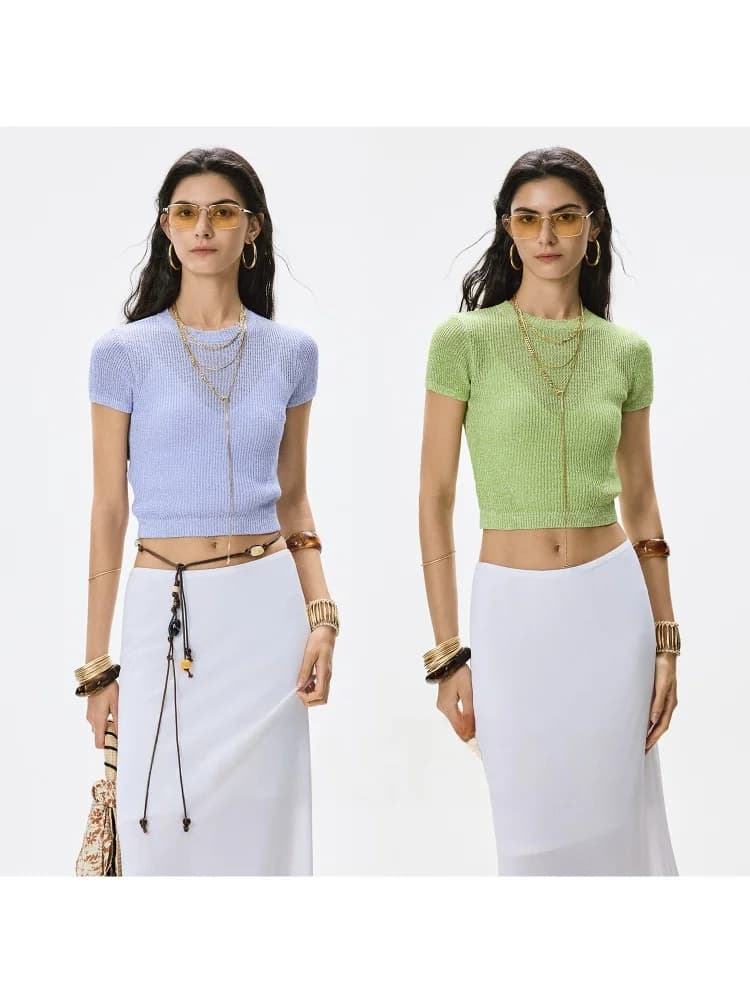 Natural Paper Yarn Knitted Short Sleeve T-Shirt CleanFit Style Summer Top for Women Straight Cut Casual Pure Color Cotton Blend
