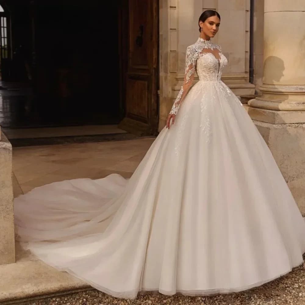 Abiti da sposa musulmani con collo alto da donna in pizzo maniche lunghe in tulle abiti da sposa banchetto di fidanzamento abiti da sposa personalizzati