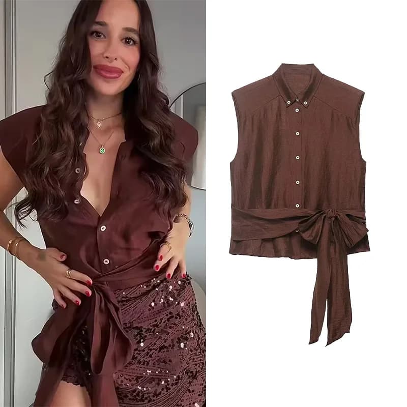 Top in Lino da Donna con Cintura, Nuova Collezione Primavera Estate 2026, Scollo all'Americana con Spalline, Canotta da Donna, Gilet Femminile, Top Chic