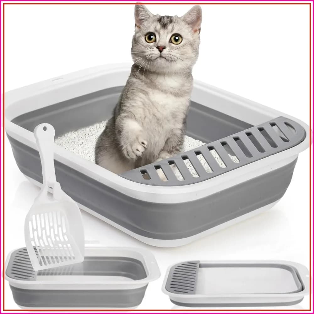 Collapsible Small Cat Litter Box, 17.7" Open Foldable Kittens Potty with Scoop, Shallow Anti Splash Travel Cat Toilet, Semi Enclosed Height Adjustable Sides Litter Pan for Sick Frail Cat