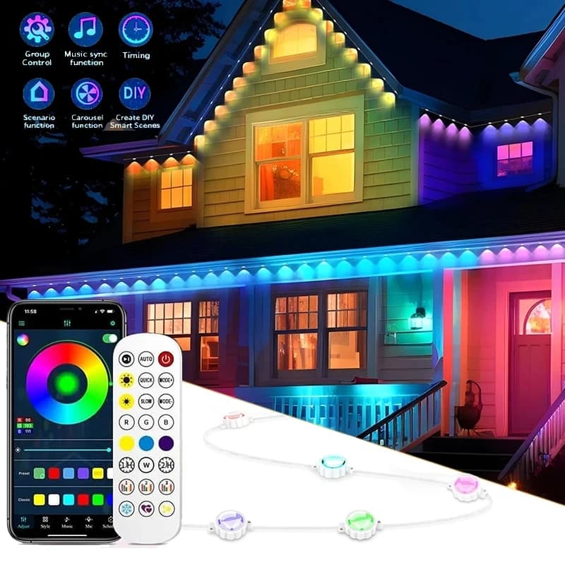 Stringhe LED Luci esterne permanenti Gronda RGBIC intelligente Luce Bluetooth Sincronizzazione musicale impermeabile fai-da-te per feste di Natale