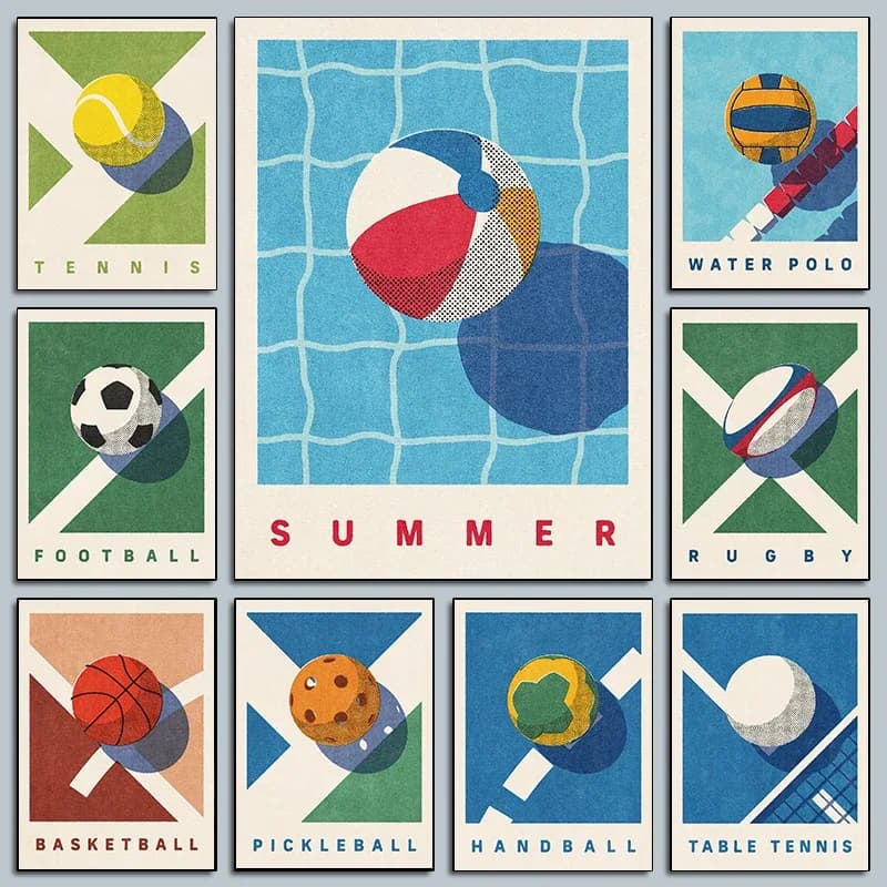 Poster su tela minimalisti Palline sportive divertenti Giochi estivi Rugby Basket Stampe Moda Wall Art Home Living Room Decor