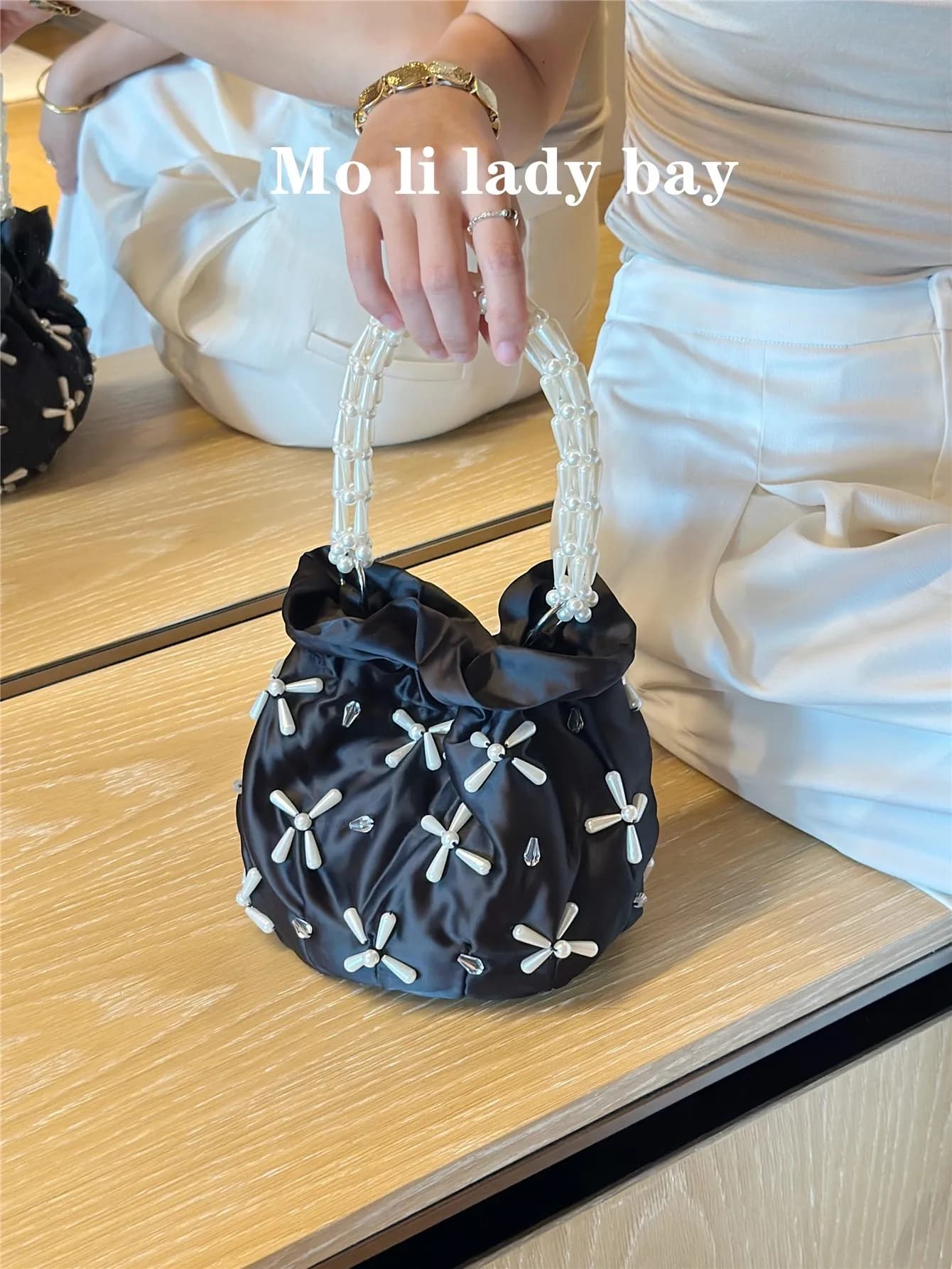 Transparent Beads Beaded Woven Handmade Hobo Bag Luxury Satin Banquet Bag High Quality Women Handbag Wedding Party Clutch Purse