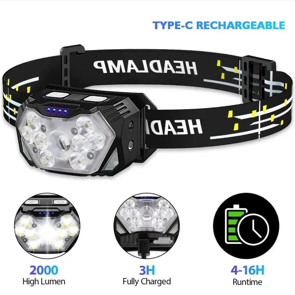 Faro con sensore di movimento ricaricabile 9 LED Lampada frontale a luce forte Lampada da pesca portatile da campeggio Lampada frontale da lavoro