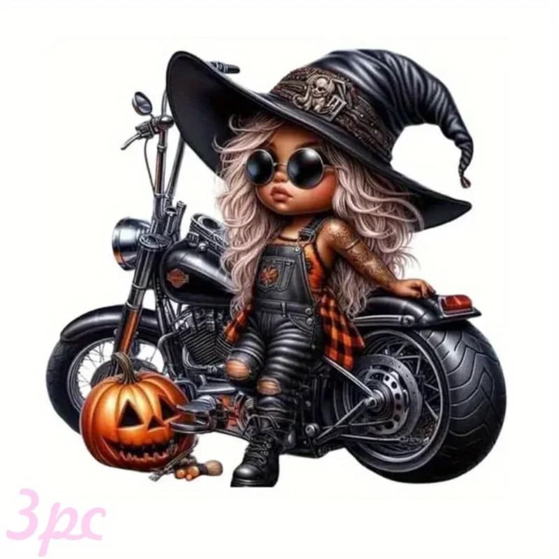 Patch termoadesiva Halloween con strega in moto – Decalcomania colorata lavabile a trasferimento termico per magliette, jeans, borse, cappelli
