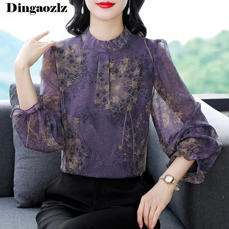 New Fashion Floral Printed Shirt Korean Shirt Chiffon Long Sleeved Chiffon Pullover Women's Office Top