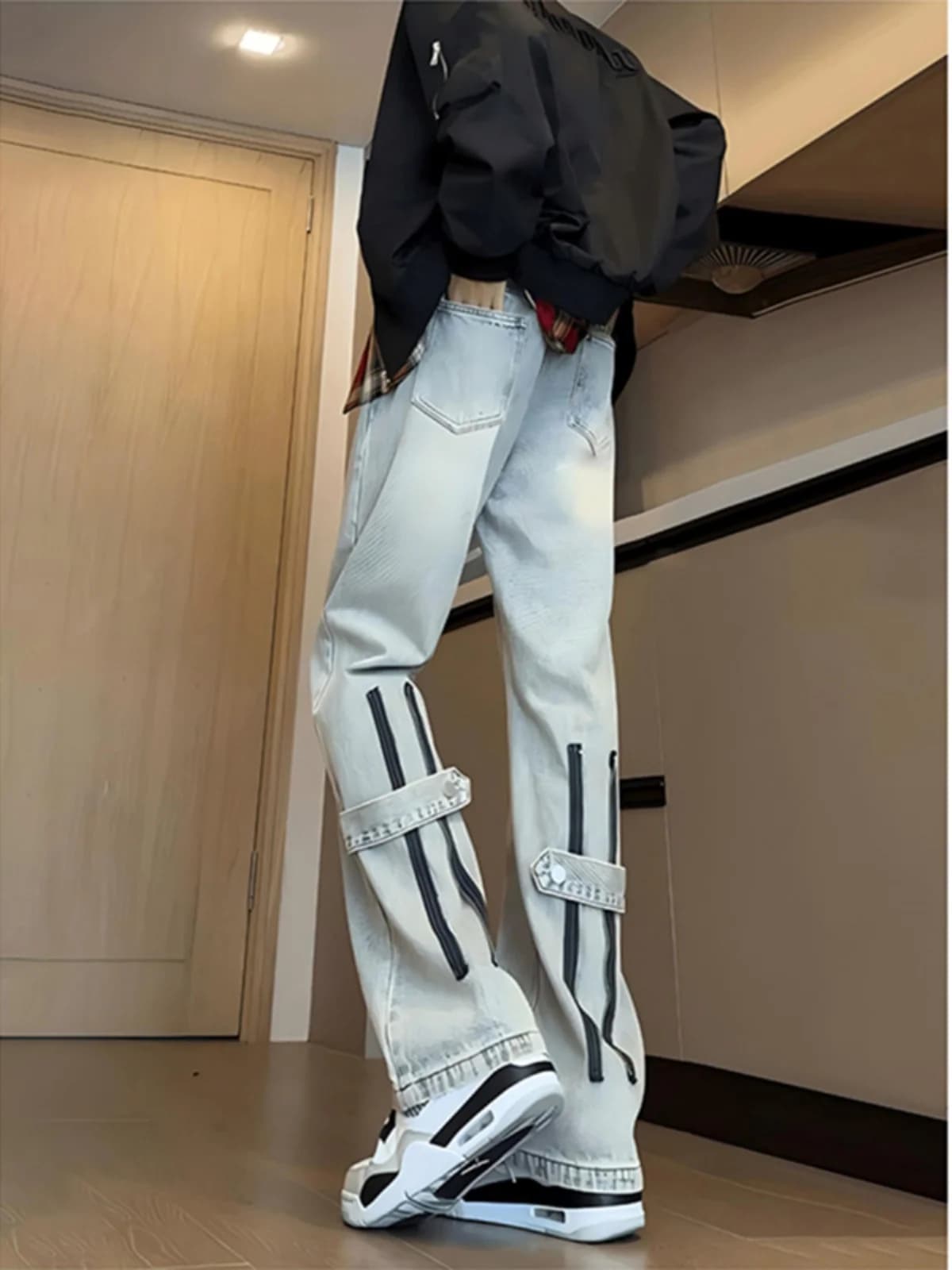 High Waist Straight Leg Zipper Jeans Men's High Rise Long Leg Lengthening Slim Fit Jeans Yellow Mud Color American High Street