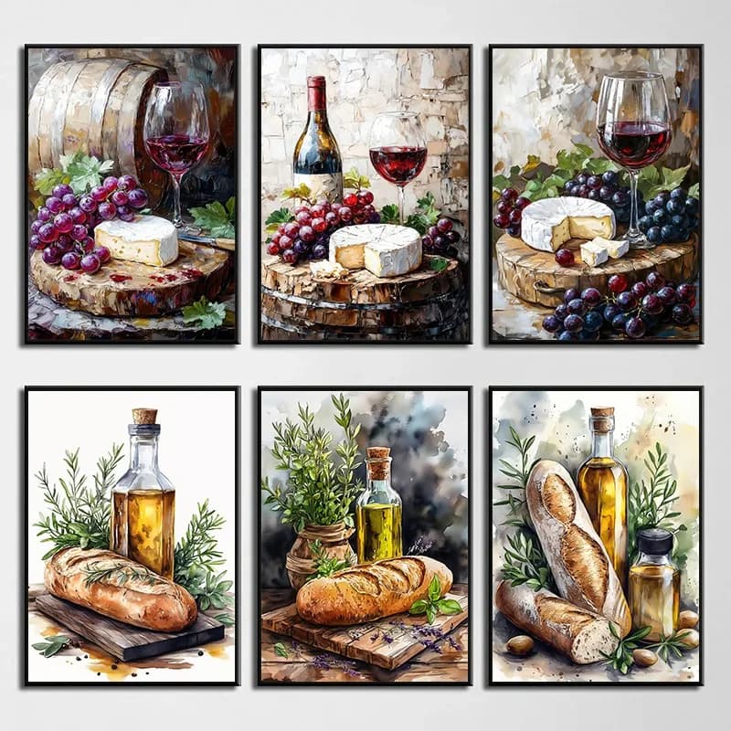 Watercolor Wine Cheese Olive Oil Kitchen Food Painting Rustic Artwork Aesthetic Canvas Poster Wall Pictures Home Farmhouse De