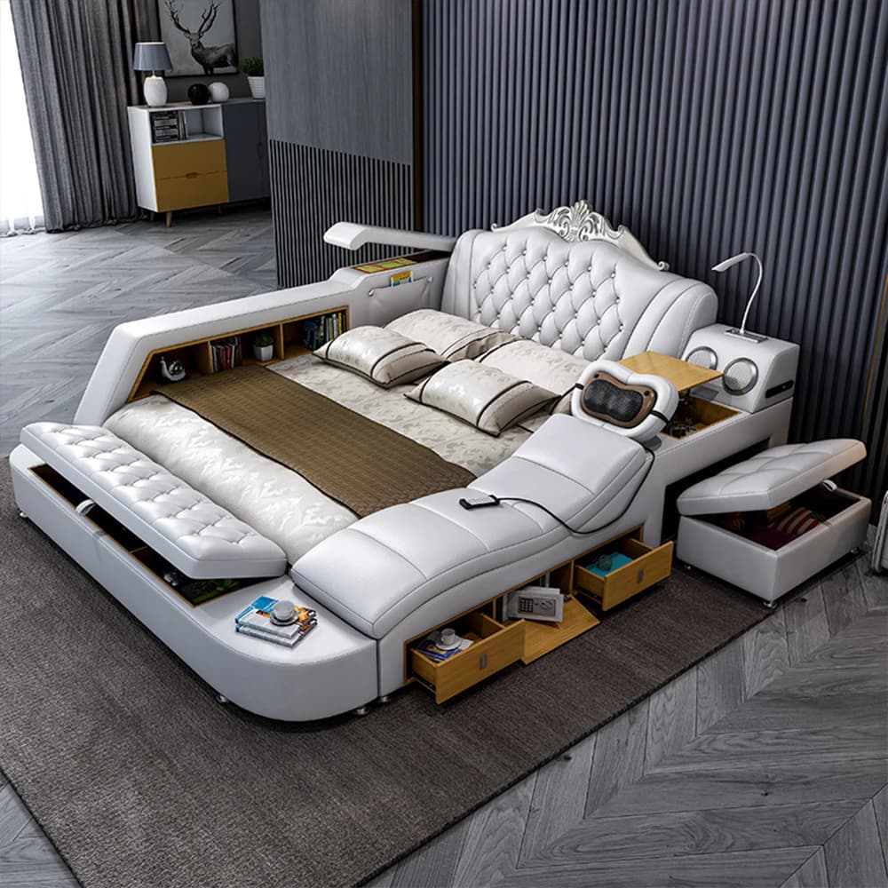 Letto Multifunzionale MANBAS Ultimate con Tecnologia Smart, Vera Pelle, Massaggio, USB, Altoparlante Bluetooth, Tatami e Cassaforte